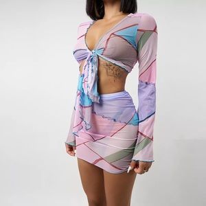 Pink Sands Asymmetrical Pipping Bodycon Skirt Set Beach Bikini Coverup Mini Set